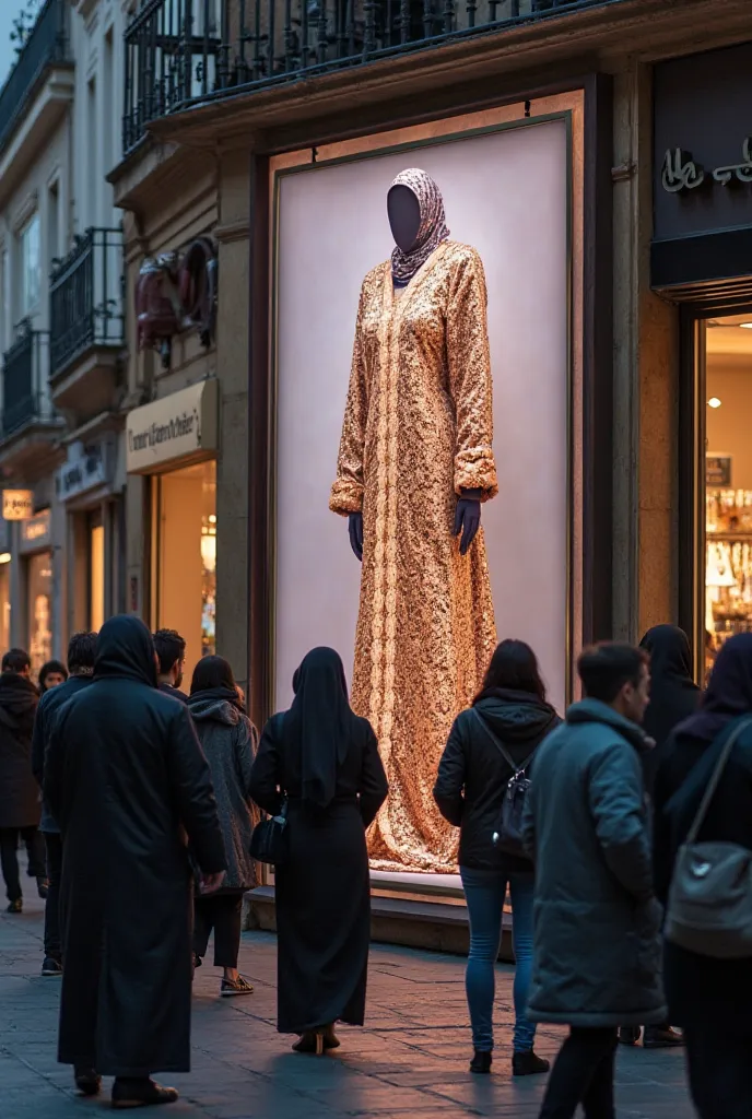 The image depicts a scene in a busy street with a group of people walking. In the foreground, a group of people of various ages are seen looking in awe at a large billboard hanging on the storefront. The billboard features an elegant and luxurious abaya, w...