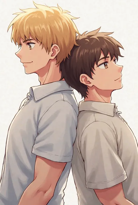 I want two characters. The first has blonde hair and brown eyes and the other has brown hair. They are both wearing a shirt. I want them to be leaning on each other's back and have serious features and their drawing style is like Solo Flinq with medium mus...