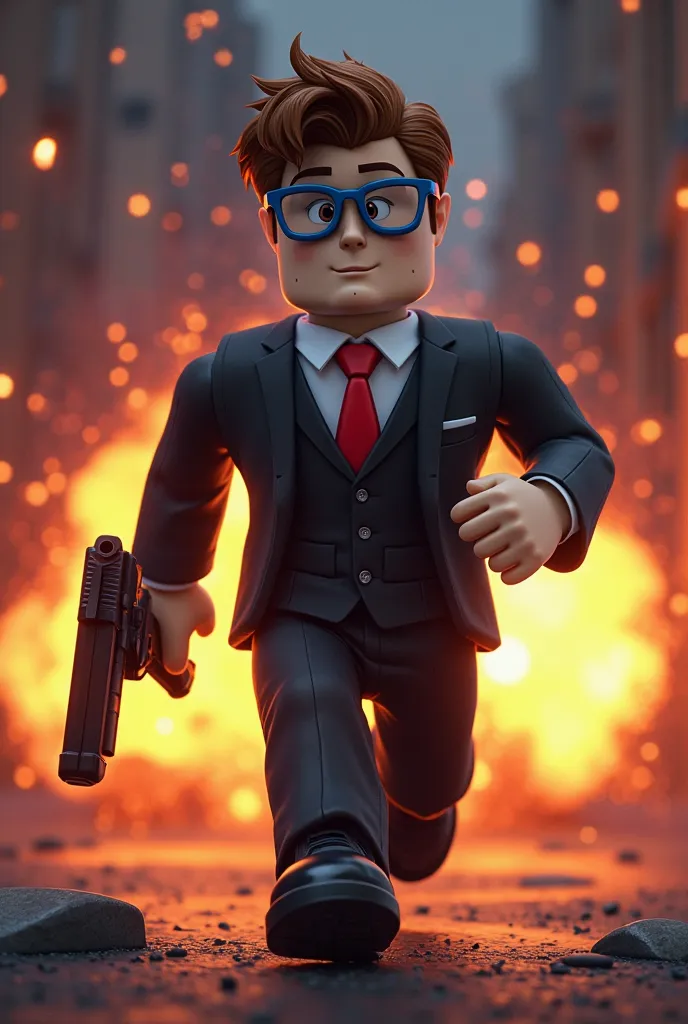 Creating a Roblox GFX Masterpiece, Set in the Roblox game Criminality, Draw a boy in a black suit and red tie with a man's face from Roblox and blue Casey glasses and brown hair from Roblox, That he appears on the cover running with a gun and there are exp...