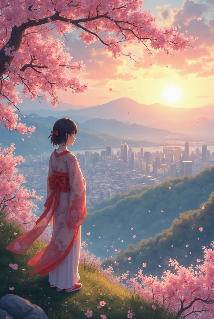 Generate a romantic anime photo,near the sakura of a character looking from the mountains to the capital( city)