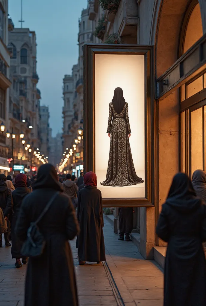 The image depicts a scene in a busy street with a group of people walking. In the foreground, a group of people of various ages are seen looking in awe at a large billboard hanging on the storefront. The billboard features an elegant and luxurious abaya, w...