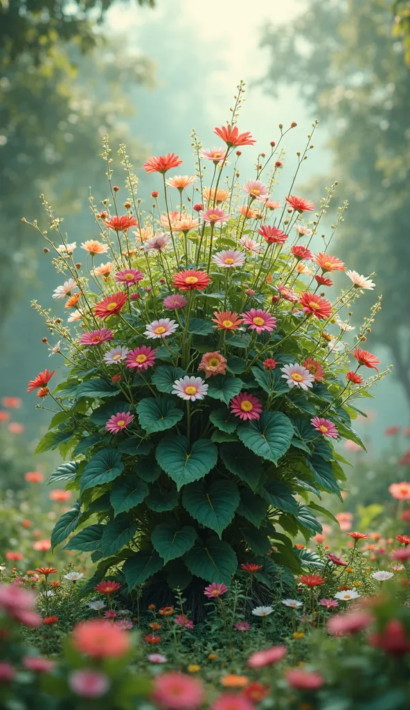 In a blurry garden you will find a large plant with beautiful flowers. 