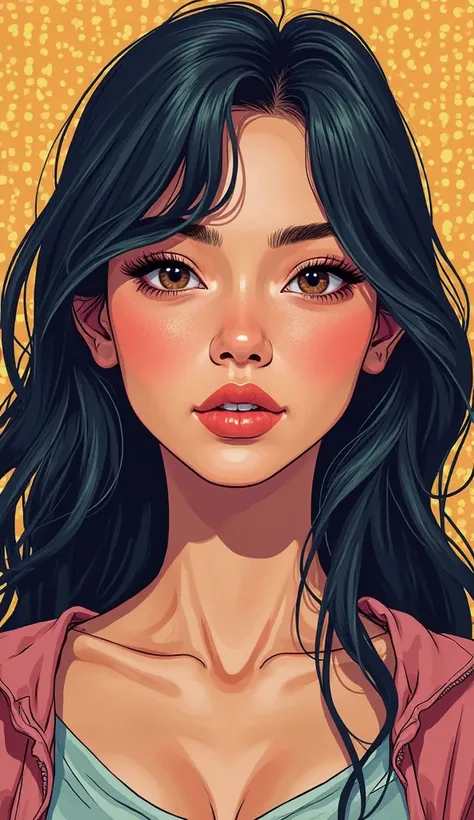 DISCREET image. with discreet casual clothes. image adult woman, american, JUST comic book style. with a neutral face. IMAGES WITH VIBRANT COLORS.  focus on face. she is pretty