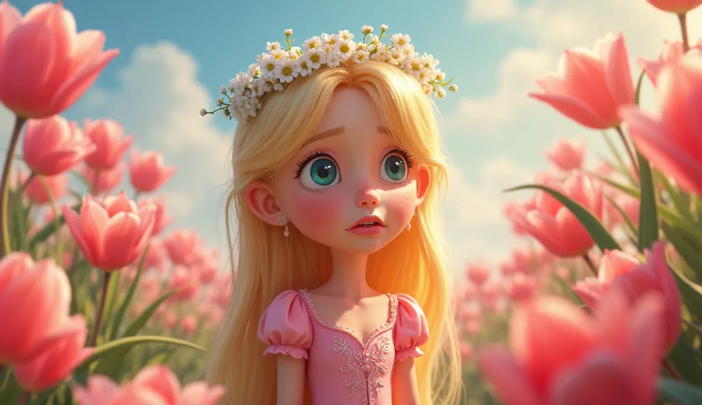 Continuation style, characters, and background. Fairy Yulia to have blond hair,  blue eyes , to have a wreath of white flowers on the head, to be dressed with a pink dress. Fairy Julia to be scared and cry. Let there be huge tulips around her. Animated sty...