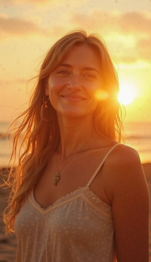 
"A strong and confident woman standing in front of the camera, looking straight ahead with a radiant and determined expression. Her face is illuminated by a soft golden light, symbolizing grace, strength, and divine blessing. The background features a bea...