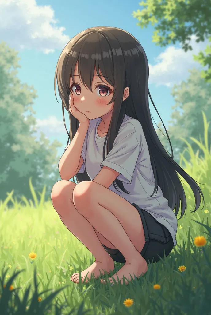 Cute hot anime girl in a half squat peeing hard into the grass 8k