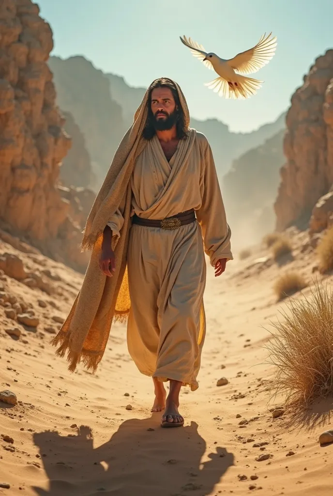 A cinematic, highly detailed depiction of Jesus walking through the vast, arid desert, guided by a radiant white dove flying ahead of him. The sun casts long shadows over the rocky terrain, and the golden hues of the sand contrast with the deep blue sky. J...