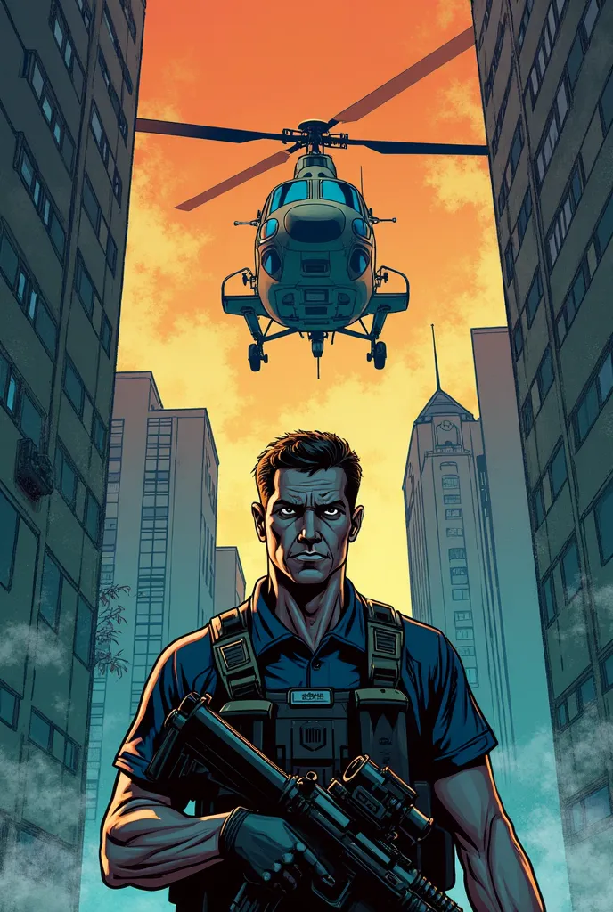 Create a comic book page, (((OBSERVER'S VIEW OF A HELICOPTER LANDED ON A BUILDING'S HELIPAD, WAITING TO TAKE FLIGHT)), (((IN FRONT AN ARMED SECURITY GUARD))), detailed colorful portrait,  joshua middleton comic art , comic art Phil Noto ,  beautiful comic ...