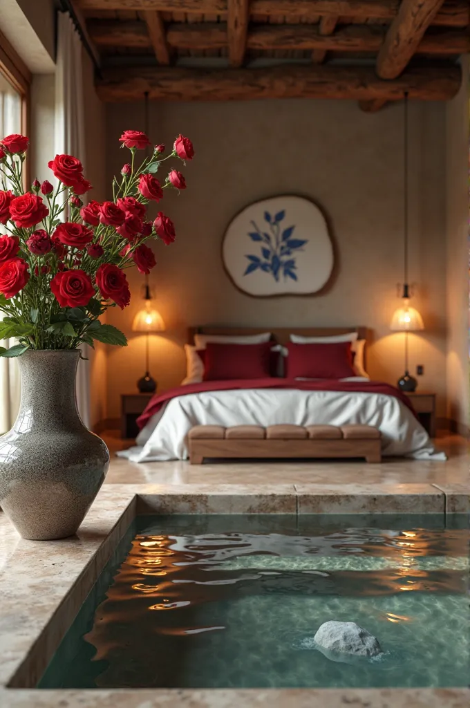 Create an image of a rustic room with a jar of large red roses and fill a bed with white curtains and in front of the bed a pool with stones.  The jug that would be next to the bed, the bed would have large red sheets and the pool with rocks would be bigge...