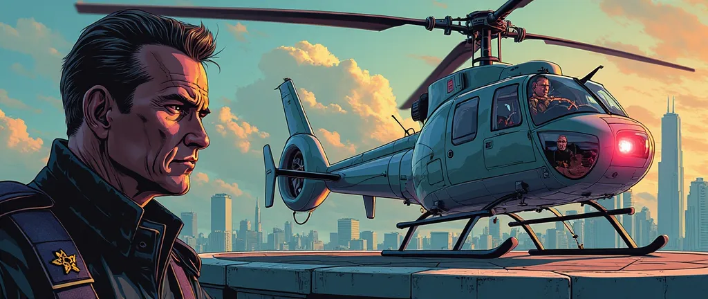 Create a comic book page, (((OBSERVER'S VIEW OF A HELICOPTER LANDED ON A BUILDING'S HELIPAD, WAITING TO TAKE FLIGHT)), (((IN FRONT AN ARMED SECURITY GUARD))), detailed colorful portrait,  joshua middleton comic art , comic art Phil Noto ,  beautiful comic ...