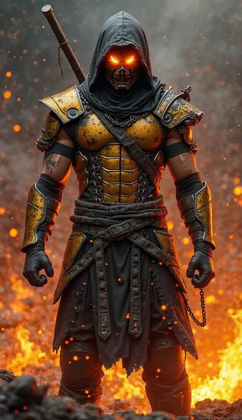 A hyper-realistic, ultra-detailed image of Scorpion standing in a dark, fiery battlefield. He wears his iconic black and gold ninja armor, battle-worn with visible scratches and scuffs. His face is partially covered by his signature yellow mask, but his pi...