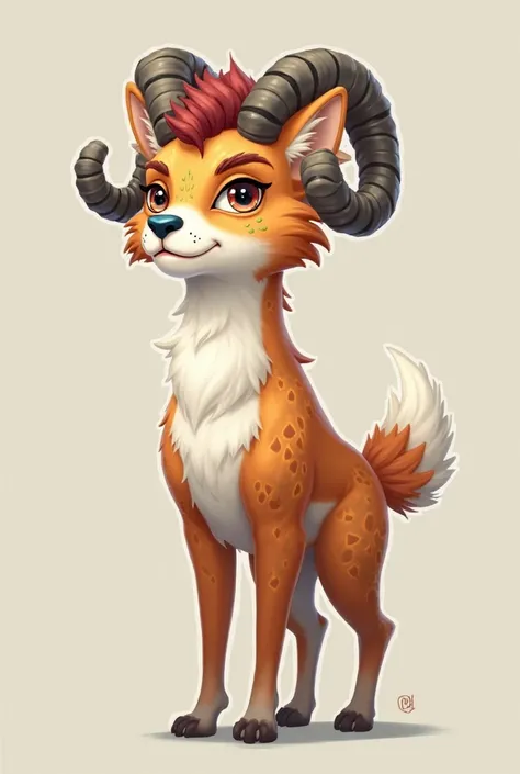 Cute cartoon Full-length furry dog with a white and chestnut color. On his head there are twisted horns like a marsh-colored ram. He also has a blue-gray dog nose and short burgundy hair. The coat has marshy spots and beige marks, under his eyes green frec...