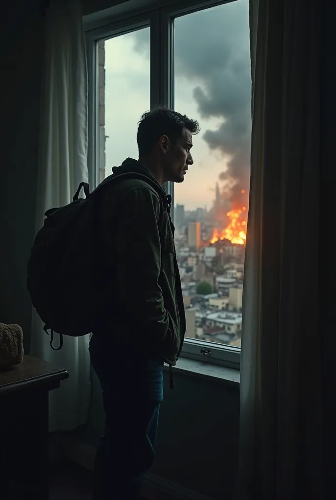 An impactful image for the cover of a video about urban survival during chaos. Interior scene of a residence with a dark climate. A civilian man, He wears ordinary clothes , worriedly but with a backpack and tense expression, peeks out the window. outside,...