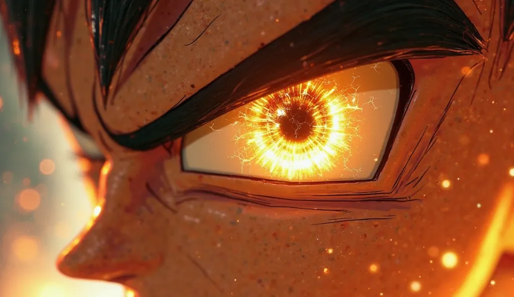 A hyper-realistic cinematic close-up of Goku’s intense eye during his Super Saiyan transformation, inspired by Dragon Ball Z. His deep, glowing golden iris radiates with fiery energy, with crackling streaks of light swirling inside, resembling an unstoppab...