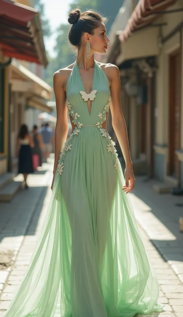 Make a full body view of a woman with packed hair in a bussing street wearing a dress is an elegant, pastel green halter-neck gown with a flowing, floor-length silhouette. It is crafted from a delicate, semi-sheer fabric that subtly contours the body, crea...