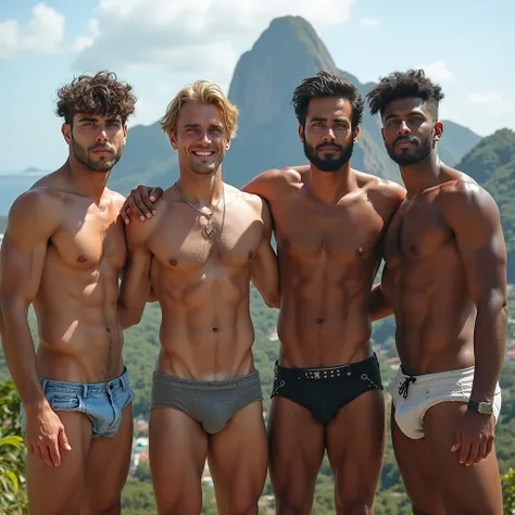 4 Latino man,  Brasileiro,The brown , The blond , the brown and the black,so de Sexy pant,athletic and hairy body,Sexy pant, bangs on straight and short black hair, blue eyes, athletic and hairy body, big, upturned ass, In the background the Corcovado,Hill...