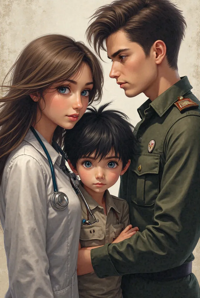 Brown haired doctor woman with blue eyes Soldier man in brown hair with black eyes and black haired boy with blue eyes