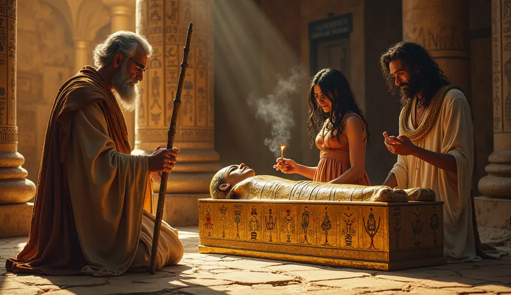 "A grieving ancient Egyptian family kneels before a golden-painted sarcophagus adorned with sacred symbols. An older priest with a gray beard and blue eyes holds a scepter and recites prayers, while a younger priest with black hair and brown eyes burns aro...