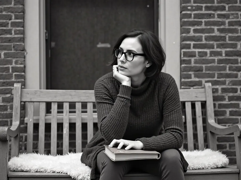 The image is a black and white portrait of a Natalie Portman sitting on a wooden bench in front of a brick wall. She is wearing a long-sleeved sweater and glasses, and she has short dark hair. The woman is resting her chin on her hand and is looking off to...