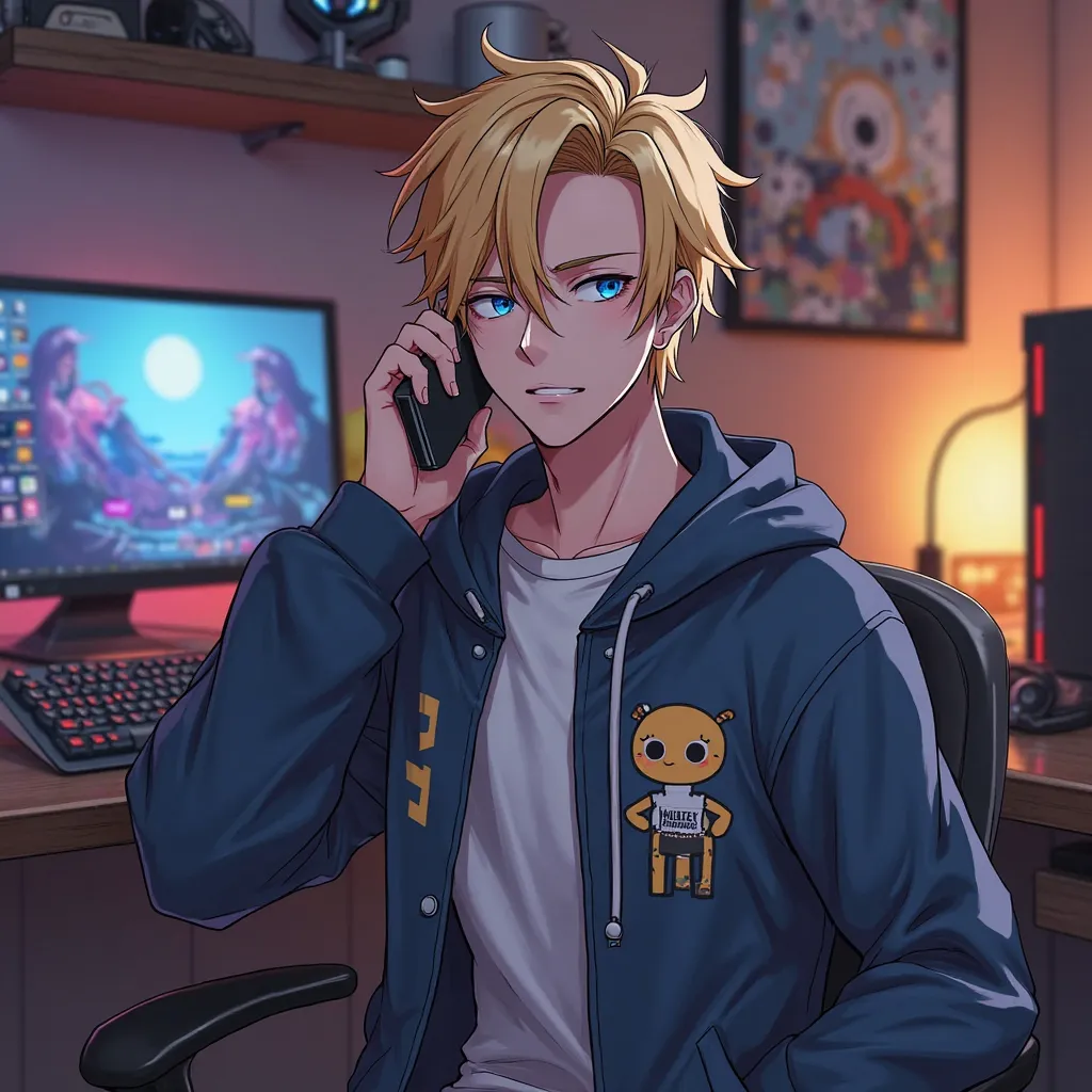 A tall skinny blond man with blue eyes from anime in a bedroom making a phone call on a gamer PC wearing a jacket with an animated face
