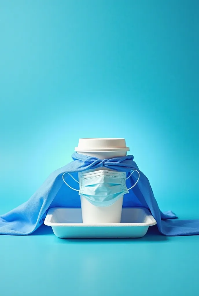 a photograph of a plate, foam tray and container with mask and superhero cape on a blue background with gradient