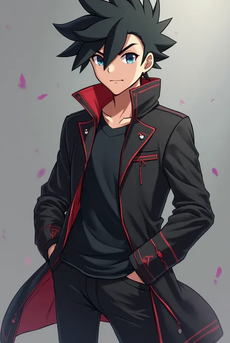 

a realistic image of a young man in a black outfit and a black jacket, pokemon trainer, trigger anime artstyle, ash ketchum, official art, epic anime style, anime style character, full body picture, pokemon anime style, !!full body portrait!!, full body ...