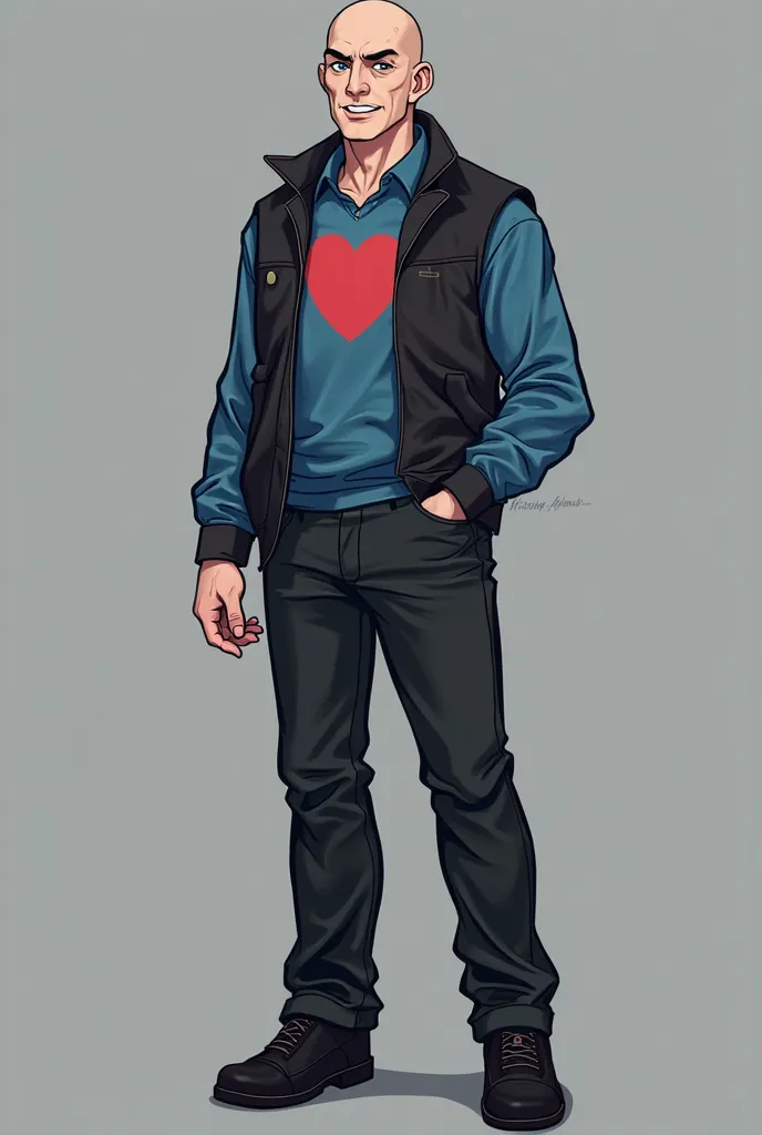 Peter from your boyfriend game, Tall bald man with blue eyes and sharp teeth, Wear a blue shirt with long sleeves and a heart in the middle of the shirt half black half white sleeveless black open jacket long black pants and black shoes