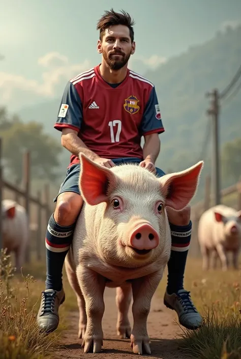 
"A hyper-realistic image of a famous football player sitting on the back of a pig in a rural farm setting. He is wearing his team's football jersey, and the scene captures fine details such as the texture of his clothing, the pig's skin, and his well-defi...