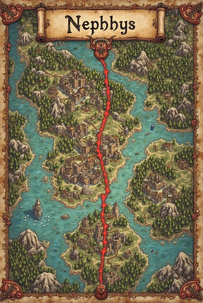 Create an old parchment map of Nephthys, divided into Liu's realm (links) and Morana's realm (Right), separated by a red dashed line. It shows medieval towns, Castles, Dense forests, Mountains and lakes, with fine details in historic style. The name is on ...