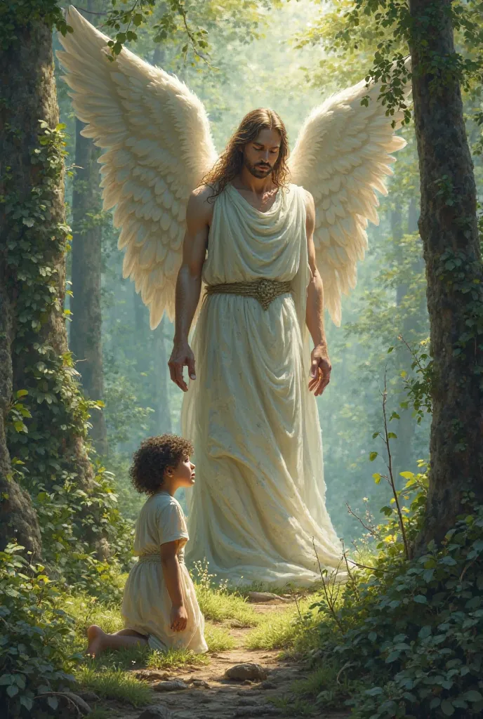 In the middle of a beautiful forest, a little  girl cries above the feet of Archangel Michael asking for help.