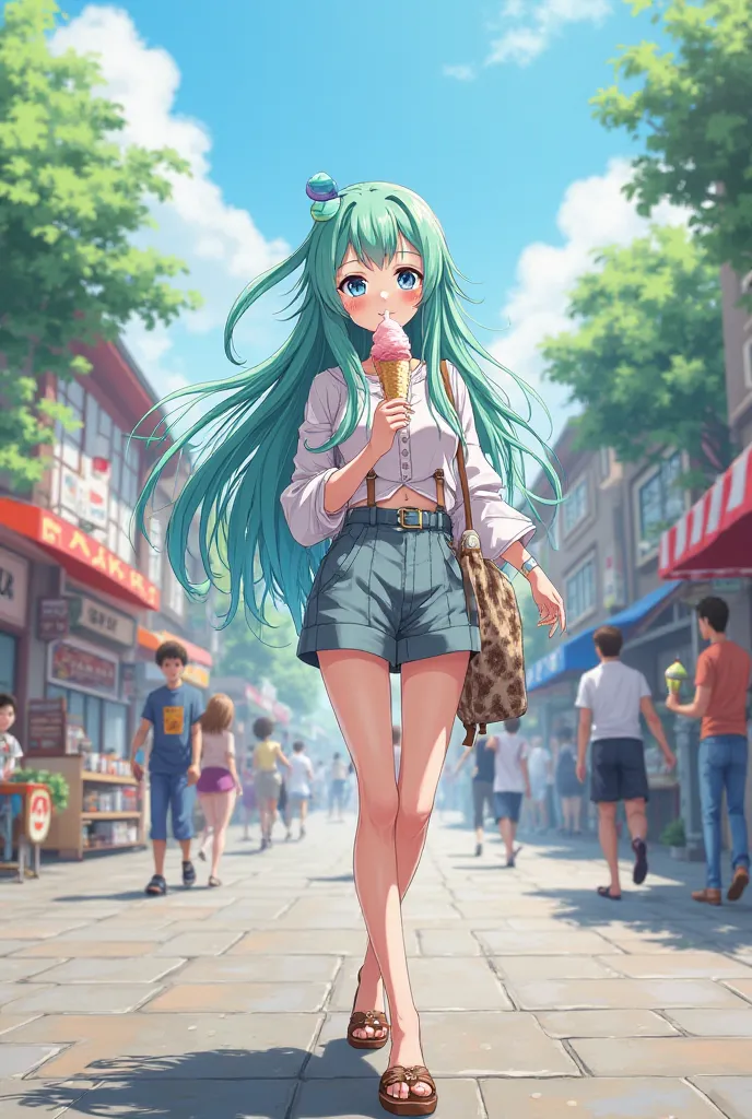 Create Ami Kawashima from the anime Toradora walking around town eating ice cream