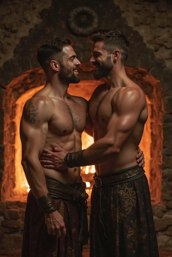 a gay couple in love, male warriors, muscular, handsome and strong, medieval style, shirtless, sweaty body, hairy chest, caucasian skin, flirtatious face, having fun. in a fireplace-heated environment. medieval age