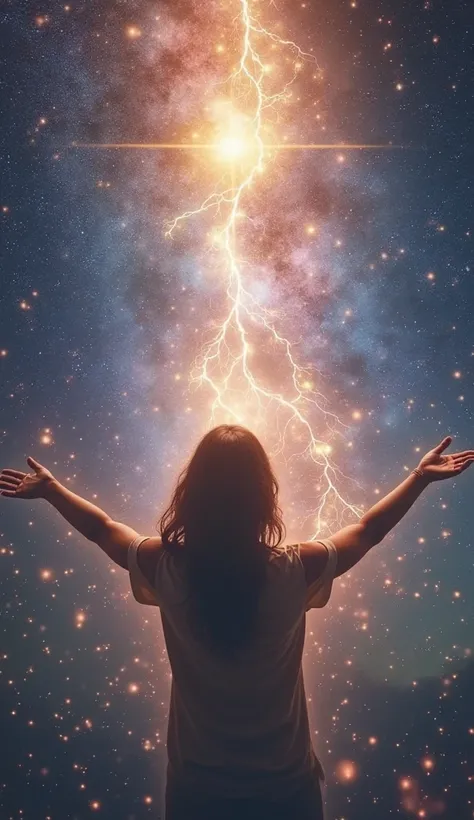 A person with open arms as if receiving divine energy. The person's expression is serene, transmitting fullness and gratitude. The background is intergalactic. The image must have an inspiring and uplifted tone, evoking a sense of transformation and well-b...