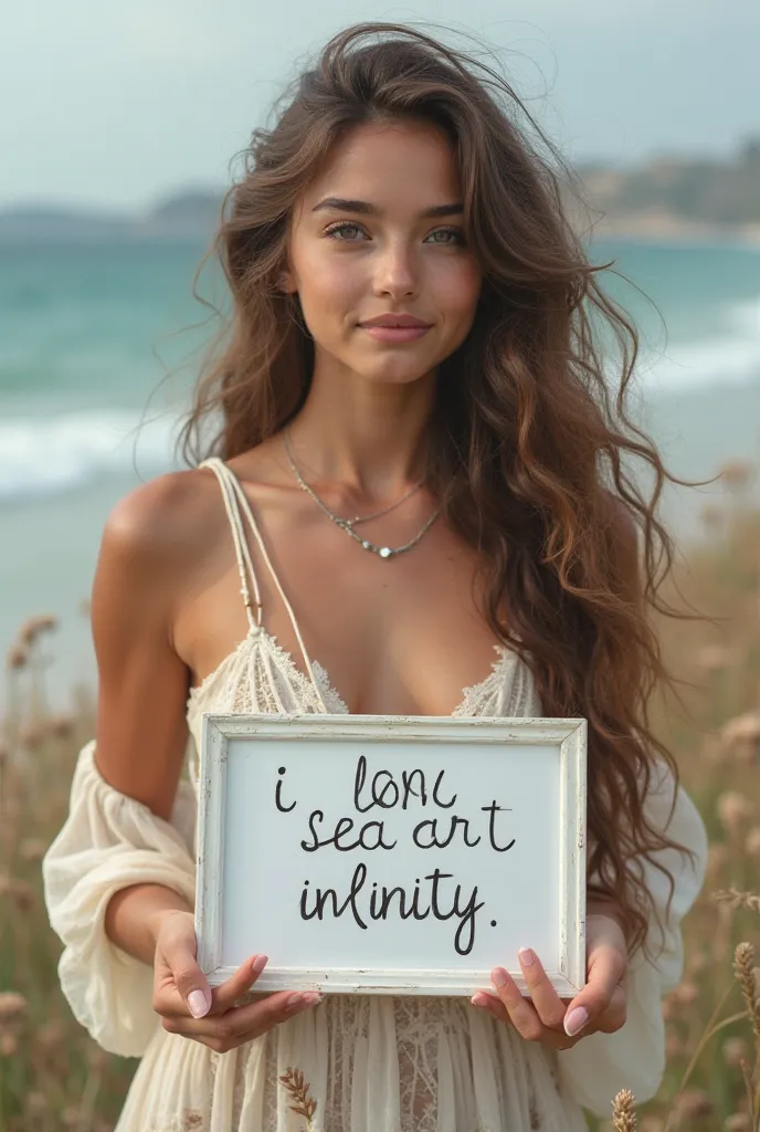 Beautiful girl with wavy long hair, bohemian dress, holding a white board with text "I Love Seaart Infinity" and showing it to the viewer