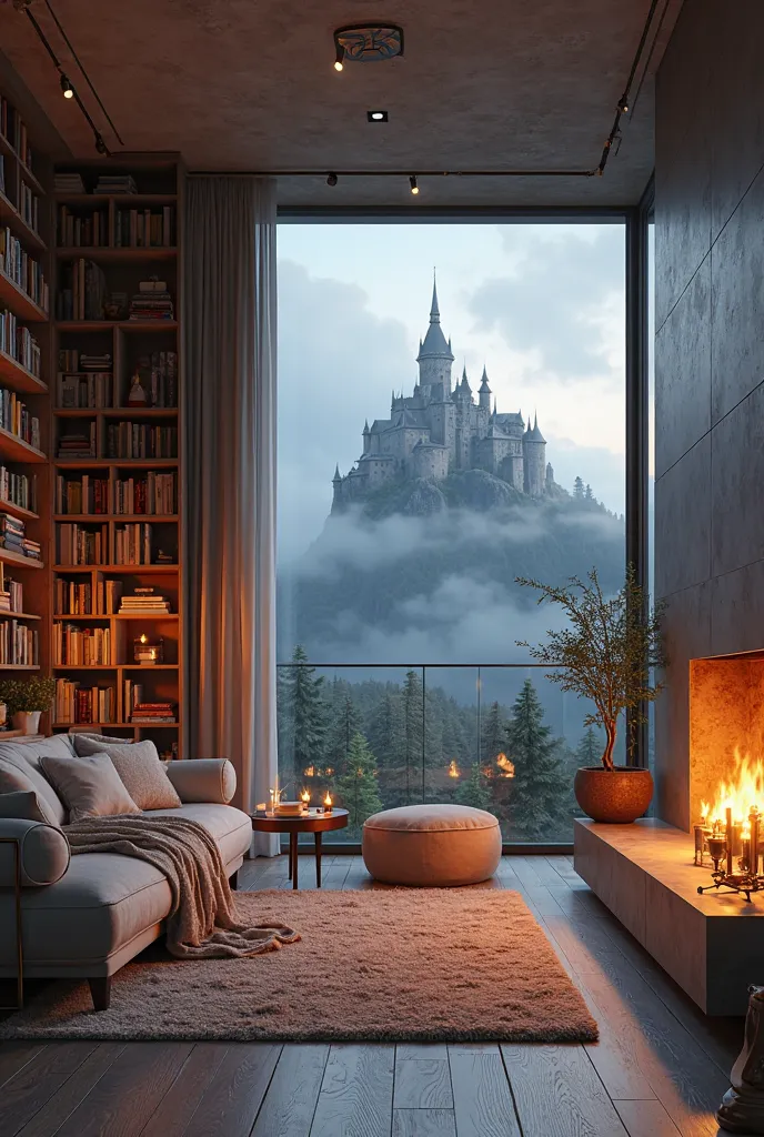 living room of a relaxing haven,  Bookcase , with fireplace, minimalist sofa, With a blanket, Candles lit,  panoramic window ,  Gothic style , with a beautiful view of a castle on top of a mountain.