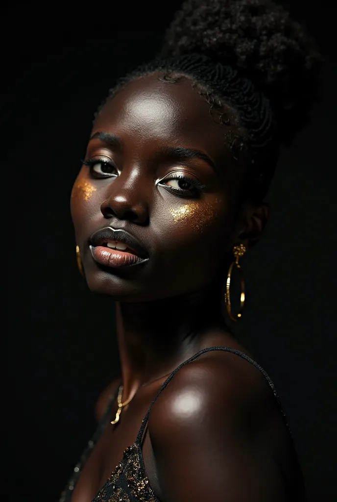 a different black-skinned model, a mix of black and gold, Some blemishes, a picture worthy of a magazine, an ultra HD image. Black background 