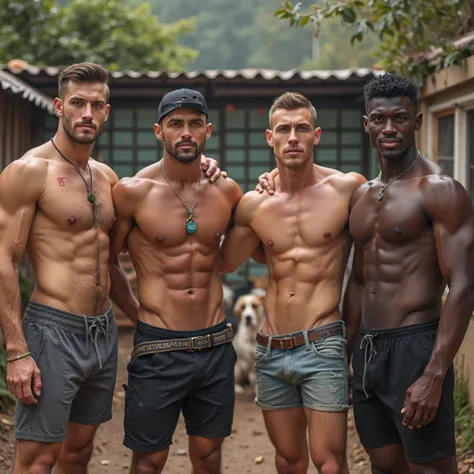 4 Latino man,  Brasileiro,A dark-haired man,a blond,A brown one and a black one,so de Sexy pant,athletic body e muito peludo,Sexy pant, bangs on straight and short hair, blue eyes, athletic body, big, upturned ass, in the background a kennel with many dogs...