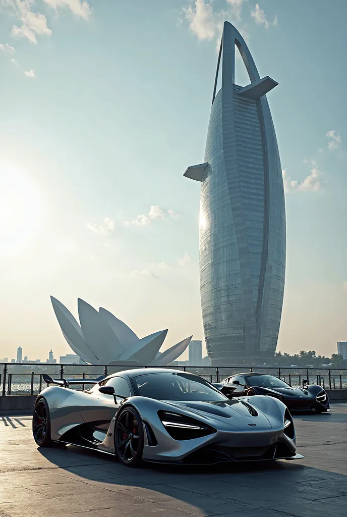 Two sport cars nearby lotus tower