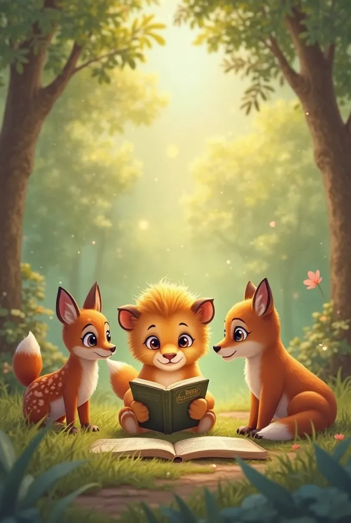 cute Lion cub reading a book to fox and deer