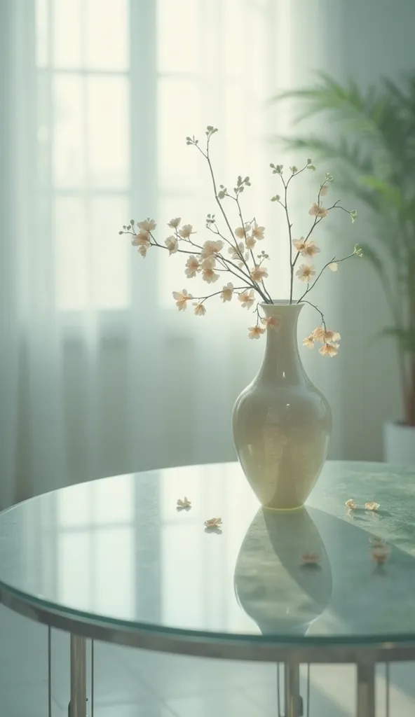 A vase on a transparent table in a blurry room. 