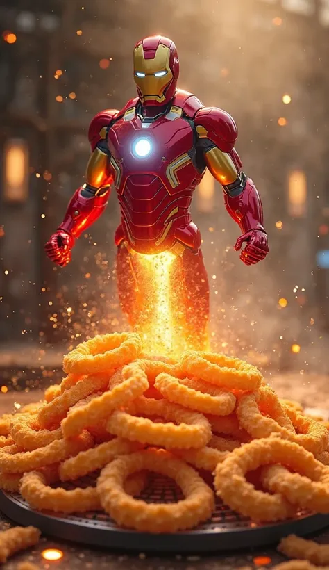 “A pile of churros being fried instantly by Iron Man’s laser, steam rising from the churros, stylized sparks of light, vivid warm colors.”