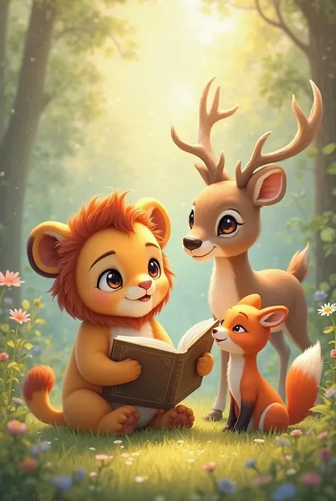 cute Lion cub reading a book to fox and cute deer with antlers