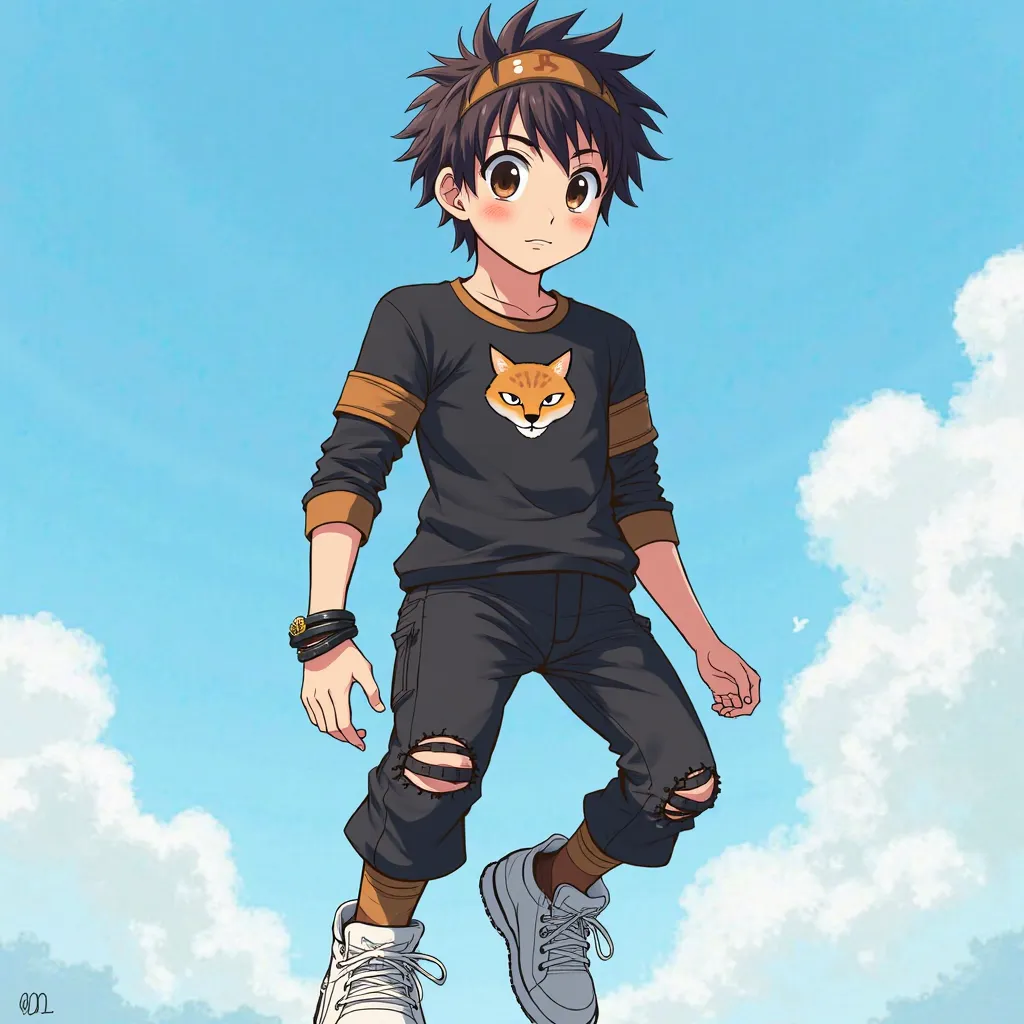 Pfv make a fanart with a similar anime style, Of a 16-year-old boy who wears a black full-sleeve t-shirt with brown details on the sleeves of the t-shirt, Which also has a Lynx design in the middle of the t-shirt in the middle, Who wears a black bracelet o...