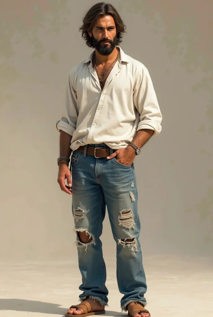 JESUS IN MOROCCAN WHITE LONG-SLEEVED SHIRT, FRAYED AND RIPPED BLUE JEANS AND BROWN SANDALS, MAKE IT A VERY NEAT SHORT BEARD, SHIRT OUT OF THE PANTS