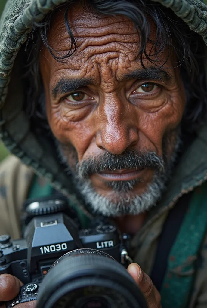 Very stressful and tired sri lankan cameramans closeup image with camera. And his emotions 