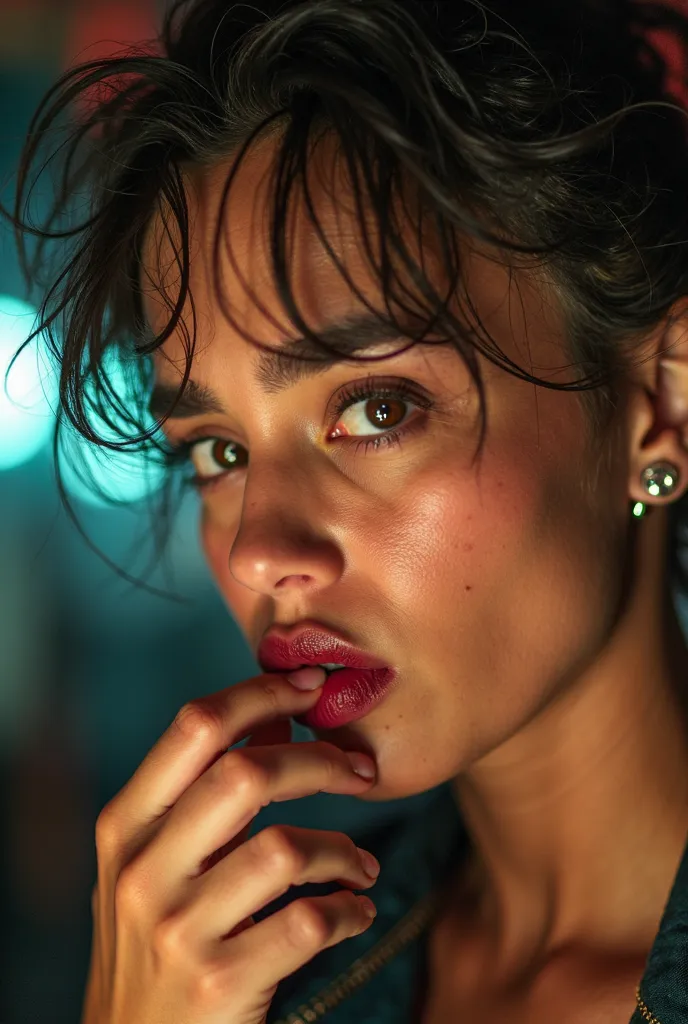 Close-up portrait of Cecilia biting her lower lip, eyebrows furrowed, frustrated expression. Light catching the texture of her lips, slightly parted. Background blurred with hints of a punk club interior. 50mm, f/1.8.Cecilia No Rules face reference:
- Age:...