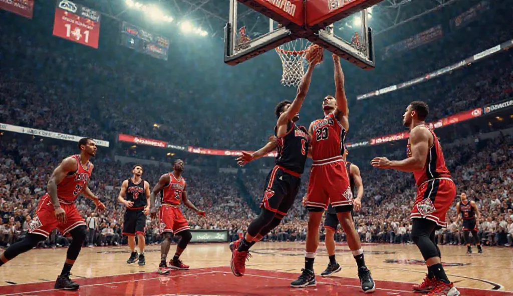 Create an ultra-HD, highly detailed image of a basketball game between the Miami Heat and the Chicago Bulls. The scene is set in a packed arena with bright lights illuminating the polished hardwood court. Players are in their respective uniforms—Miami Heat...