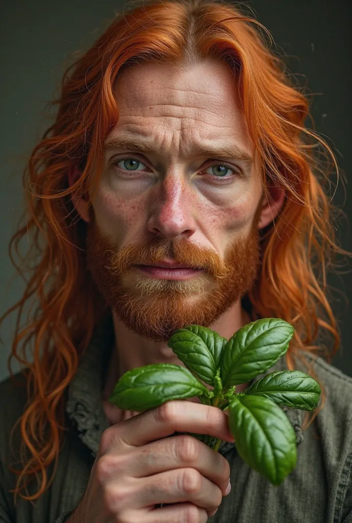 un herboriste maigre avec une pomme d'aden cheveux long roux, aux yeux un peu fatigués qui tient du basilic sur une main, portrait réaliste, personnagrealistic portrait, detailed face and features, thin herbalist man with long ginger hair, holding basil in...