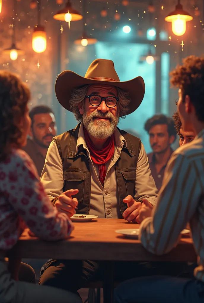 Very funny cowboy director with stage lights and 3 very funny jokes sitting with his friends at bistro tables