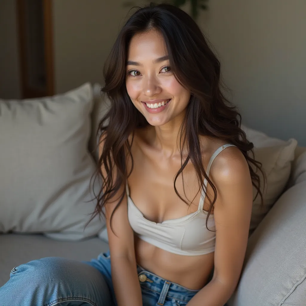 real photo, very detailed, realistic,

woman of mixed Japanese and Italian race,
20 years old, very pretty,
medium breasts, cleavage, long hair, sitting on the sofa, smiling, happy and calm, light makeup, jeans

sitting on the sofa,